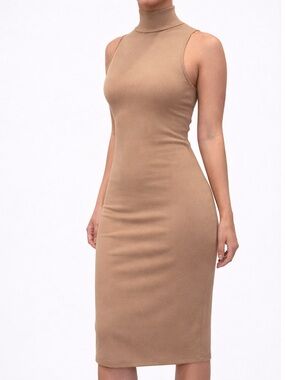 Zara Sleeveless Mock Neck Midi Dress in Camel